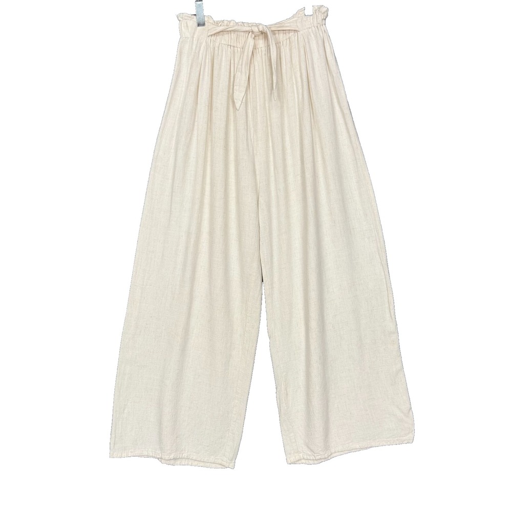 Fab'rik Pants Womens Medium Ivory Rayon Linen Blend Pull On Gauzy Wide Leg Belt